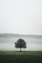 A solitary tree in a vast, foggy field, with the rest of the landscape fading into a soft, white void. 