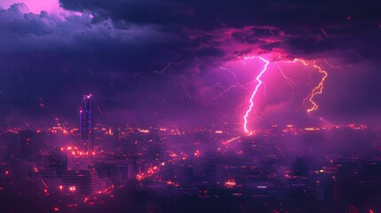 Cityscape with Lightning Storm and Rain