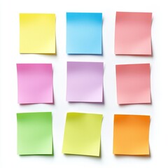 Fototapeta premium Sticky notes with yellow, green, blue, and pink paper vertically glued to the surface isolated on a transparent background
