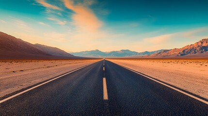 Desert Road Leading Towards Mountain Range at Sunset