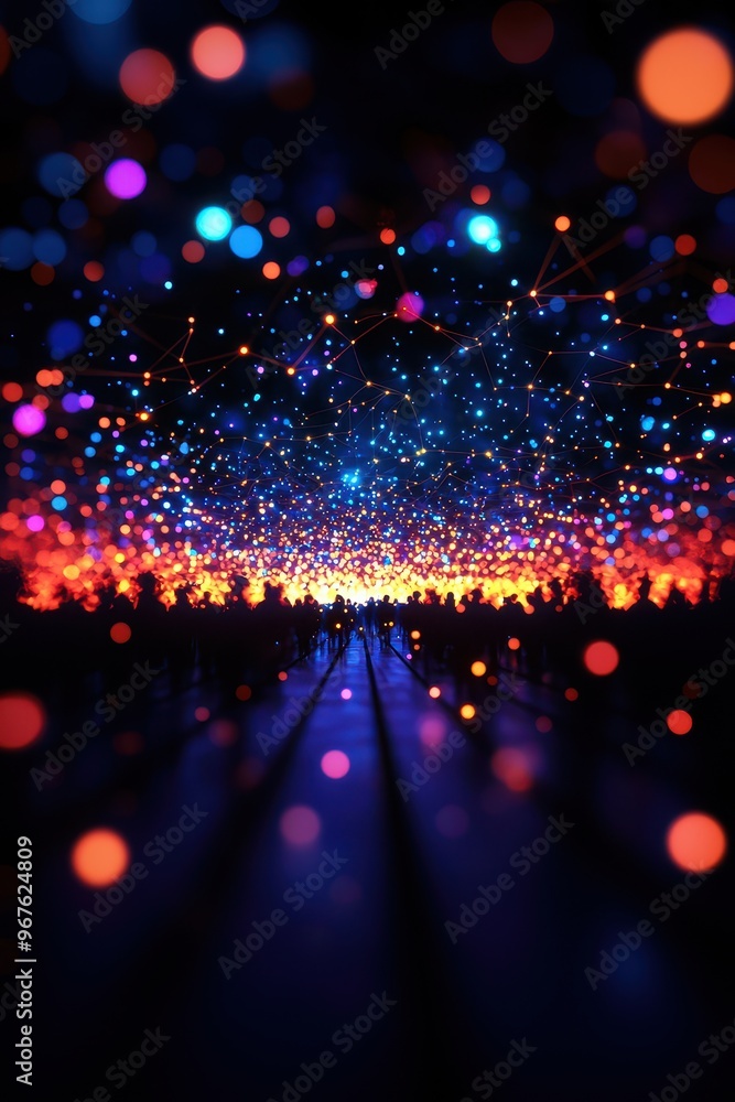 Fototapete Crowd silhouette against a vibrant display of colorful bokeh lights, creating a mesmerizing abstract and festive atmosphere.
