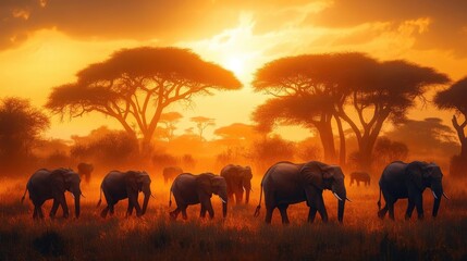 Fototapeta premium A herd of elephants walking across the savannah at sunset, with acacia trees and a golden sky in the distance