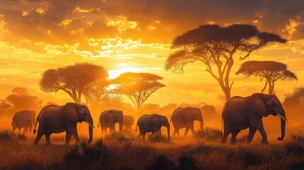 Fototapeta premium A herd of elephants walking across the savannah at sunset, with acacia trees and a golden sky in the distance
