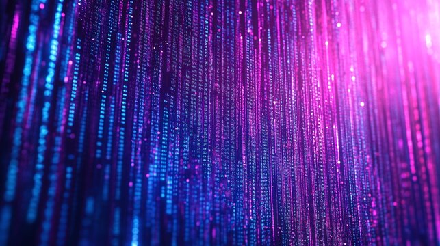 blue and purple binary code streaming bytes across a cyber matrix digital background for programming and data security
