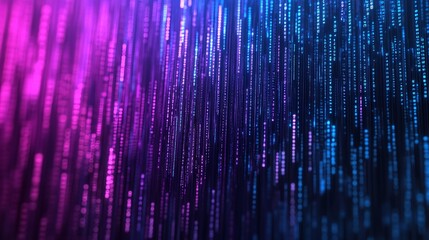 streaming bytes of binary code in blue and purple colors creating a futuristic digital data background for tech and network
