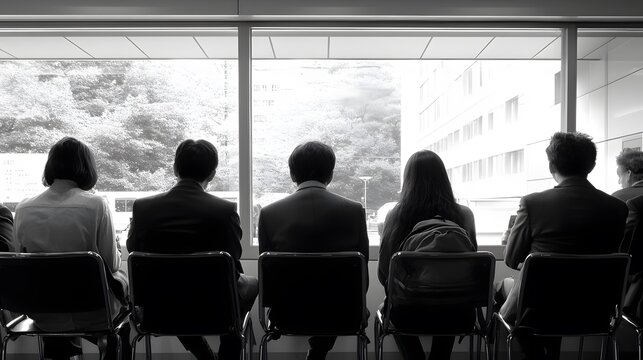 Candidates seated in a waiting area, wearing business attire, anxiously waiting for their turn in job interviews.