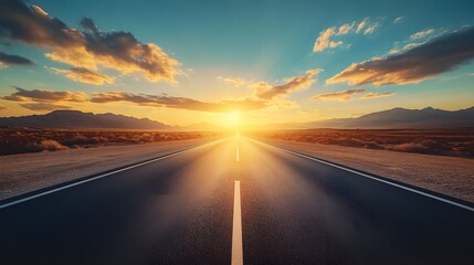 Asphalt Road Leading to Sunset with Mountains in Background
