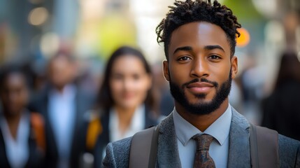 A group of job seekers arriving at a recruitment fair, all dressed in professional attire, ready to meet potential employers.