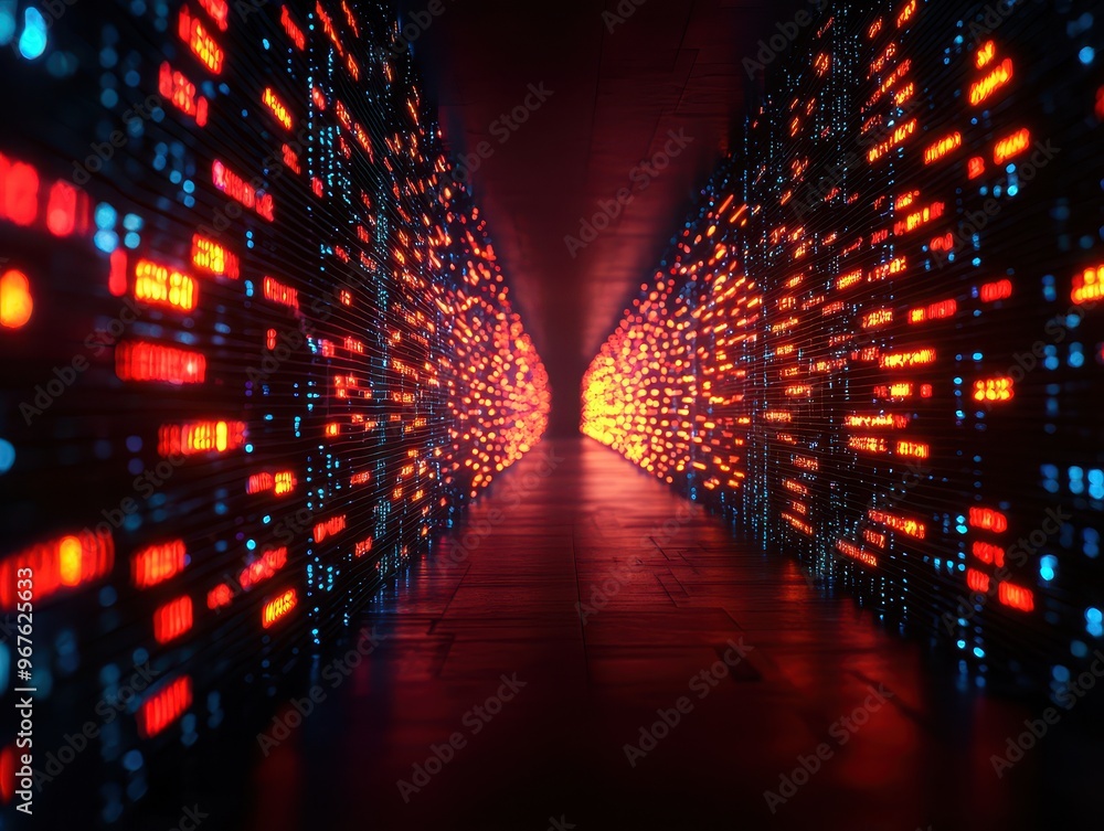 Poster futuristic data center with glowing colorful lights and servers, representing advanced technology an