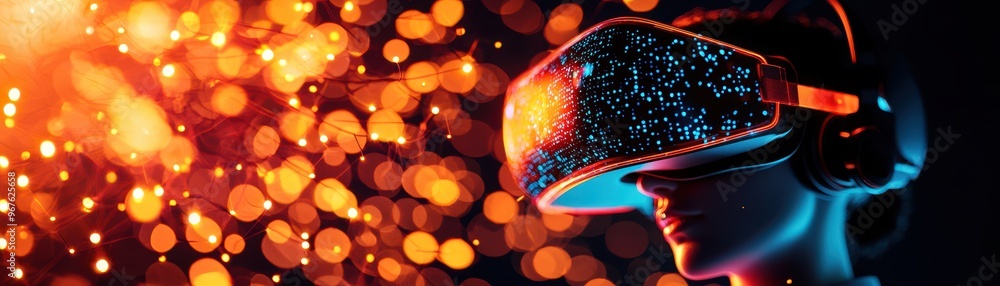 Aufkleber futuristic image of a person using a virtual reality headset with colorful lights in the background,