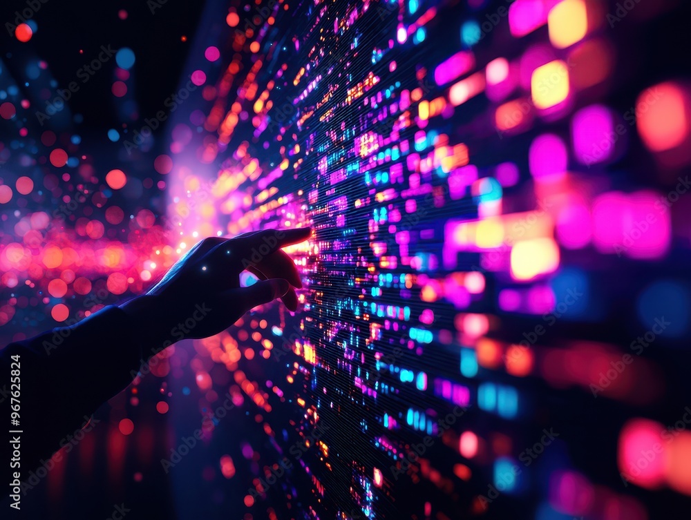 Poster hand touching a digital screen with colorful data lights, symbolizing technology, innovation, and th