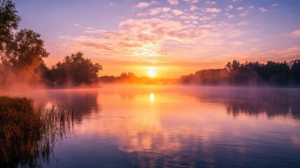 A beautiful sunrise over a river, with soft light reflecting off the calm water