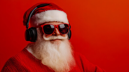 Santa wearing sunglasses and headphones with a smile on his face.