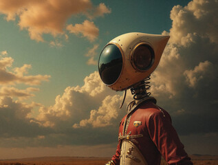Fototapeta premium A solitary robotic figure stands in a vast, open terrain, gazing thoughtfully at the dramatic clouds overhead, evoking a sense of wonder and curiosity at dusk