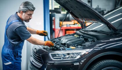 Car mechanic repairing a car in auto repair shop. Generated image