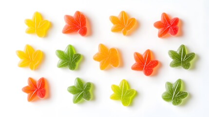 Colorful Leaf Shaped Gummy Candies on White Background