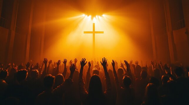 believers raising hands in prayer and worship in front of the cross showing devotion and christian faith