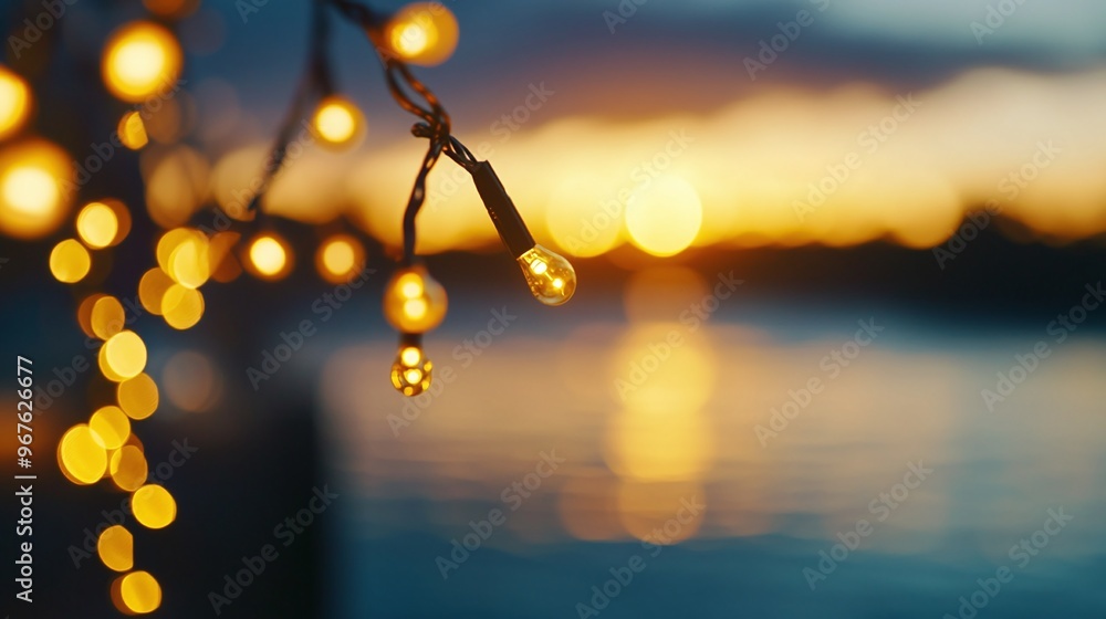 Poster blurred bokeh light with yellow string lights decor glowing softly at sunset creating a warm and fes