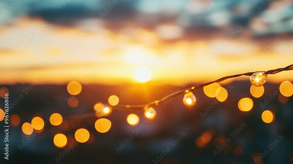 Poster golden sunset with blurred bokeh light from yellow string lights decor creating a warm glowing festi