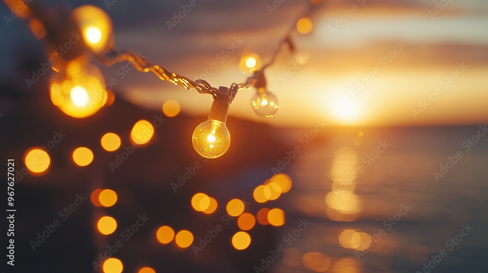Poster blurred bokeh lights with yellow string lights glowing at sunset creating a warm festive atmosphere 