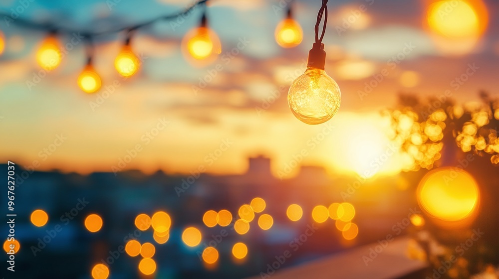 Poster warm bokeh light from yellow string lights with blurred background glowing during a golden sunset cr