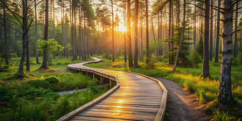 Obraz premium Wooden path winding through a lush forest at sunset, forest, nature, sunset, walking path, tranquil, peaceful, scenic, outdoor, hiking