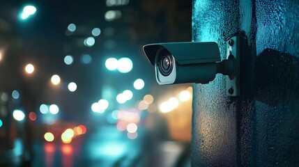 Security Camera on Wall at Night with City Lights in Background