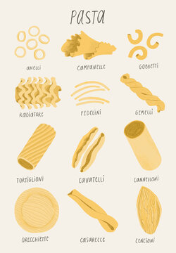 Isolated pasta types illustration
