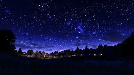 Starry night sky over a quiet village with glowing windows and serene landscape.