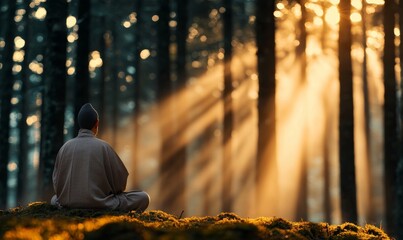 Fototapeta premium Wukong sitting in a serene forest, light rays breaking through trees, hyperrealistic textures with a peaceful yet powerful atmosphere