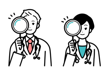 Illustration set of man and woman holding doctor, magnifying glass.
