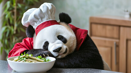 A panda in chefs outfit is dozing off next to bowl of pasta, creating whimsical and charming scene. pandas relaxed expression adds playful touch to kitchen setting
