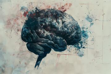Artistic representation of a human brain in vibrant colors, showcasing creativity and intellect against a textured background.