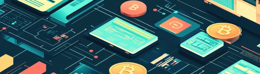 Fototapeta premium Stylish digital background featuring cryptocurrency coins and technology symbols. Perfect for finance and innovation themes.