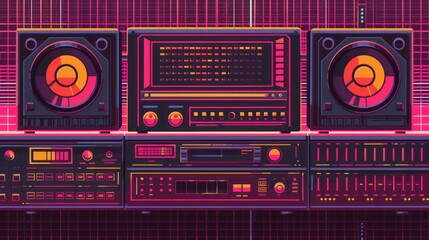 Fototapeta premium A vibrant retro audio system featuring speakers and various controls.