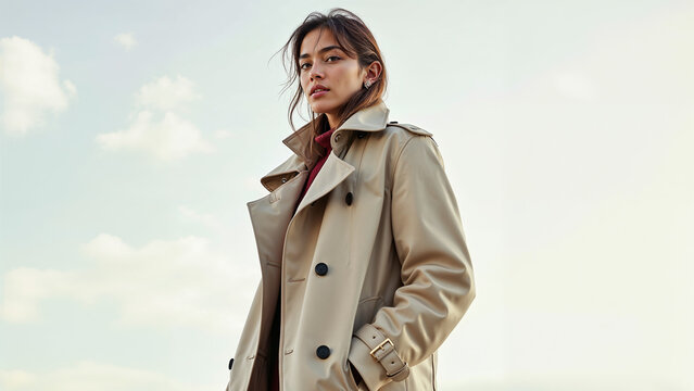 The model stands confidently in a chic trench coat, showcasing natural textures and the fluidity of light, capturing the essence of high-end fashion in a tranquil outdoor environment