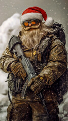 A man dressed as Santa Claus is holding a gun.