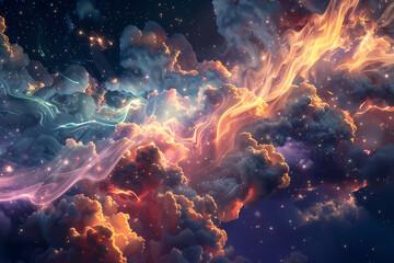 A mesmerizing cosmic scene featuring vibrant, swirling colors of orange and blue against a backdrop of twinkling stars and soft, billowing clouds.