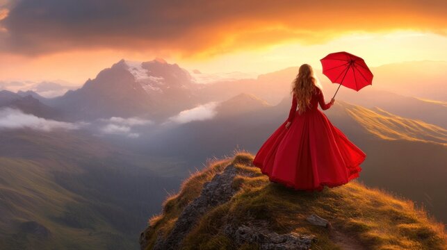 As the sun sets, a woman wearing a vibrant red dress gracefully holds an umbrella while standing on a cliff, overlooking vast mountains and valleys wrapped in soft clouds