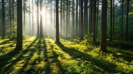 Obraz premium Golden sunlight breaks through the canopy in the early morning, illuminating a peaceful forest while creating striking shadows on the vibrant green ground