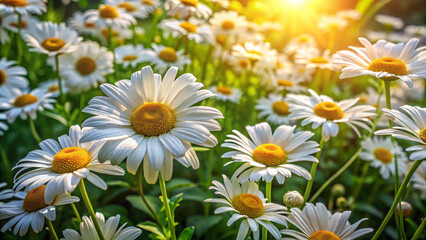 Fototapeta premium A field of white daisies with golden centers glows in warm sunlight, their delicate petals swaying gently in a soft breeze
