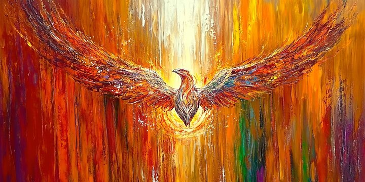 A vivid, abstract painting of a phoenix rising from flames with psychedelic patterns in the wings, symbolizing rebirth and strength