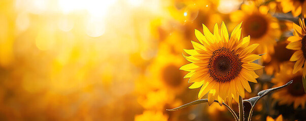 Obraz premium Ripe sunflowers towering in a golden field, soft breeze swaying the stalks, autumn sun casting long shadows, harvest season, sunflower harvest
