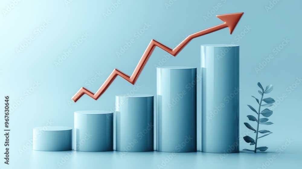 Aufkleber a bar chart illustrates upward growth with increasing values represented in blue. an arrow points up