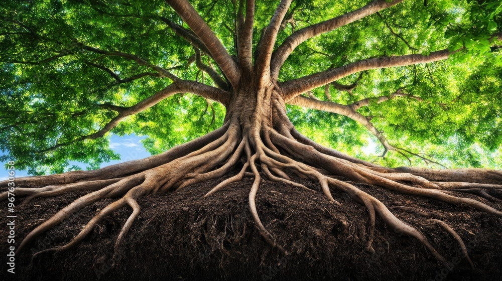 Poster the large tree features a robust trunk and extensive root system, reaching deep into the fertile soi