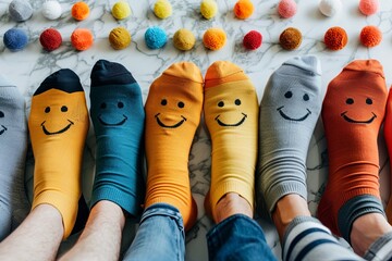 World Down syndrome day background. Down syndrome awareness concept. different socks. April Fool's Day, stupid socks. Odd Socks Day. Copy space