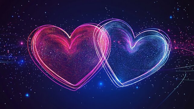 An abstract depiction of love with two intertwined hearts made of neon light trails against a dark, galaxy-like background, filled with cosmic dust and sparkles