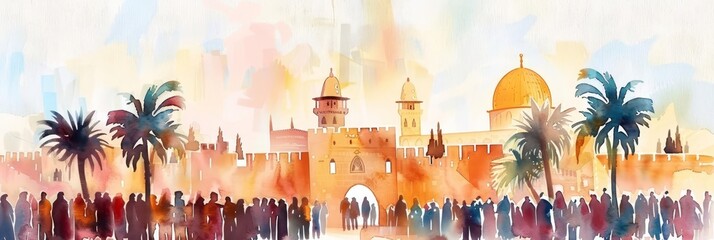 Fototapeta premium Palm Sunday with Jesus entering Jerusalem, a silhouette of a crowd with palm trees and ancient city, illustrated in watercolor