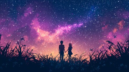 Silhouetted couple holding hands under a starry night sky.
