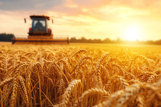 Farmers harvesting golden wheat under a soft autumn sunset, warm light, peaceful rural landscape, harvest season, abundant fields